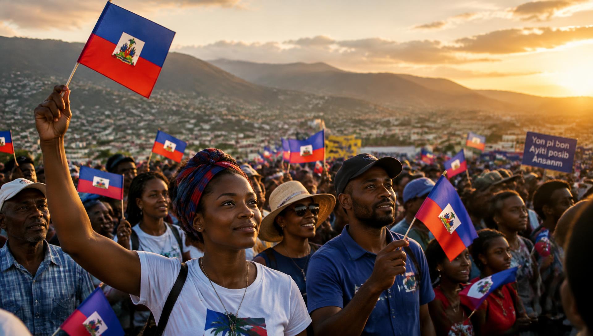 Rassemblement de sympathisants ICAP brandissant des drapeaux haïtiens